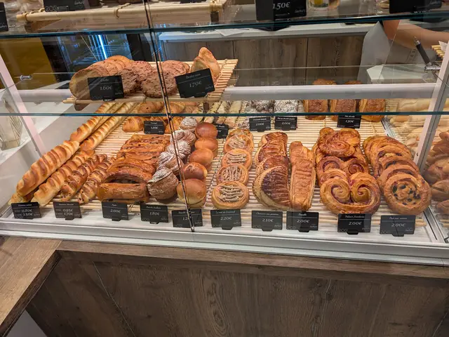 Croissants and pastries in a bakery counter